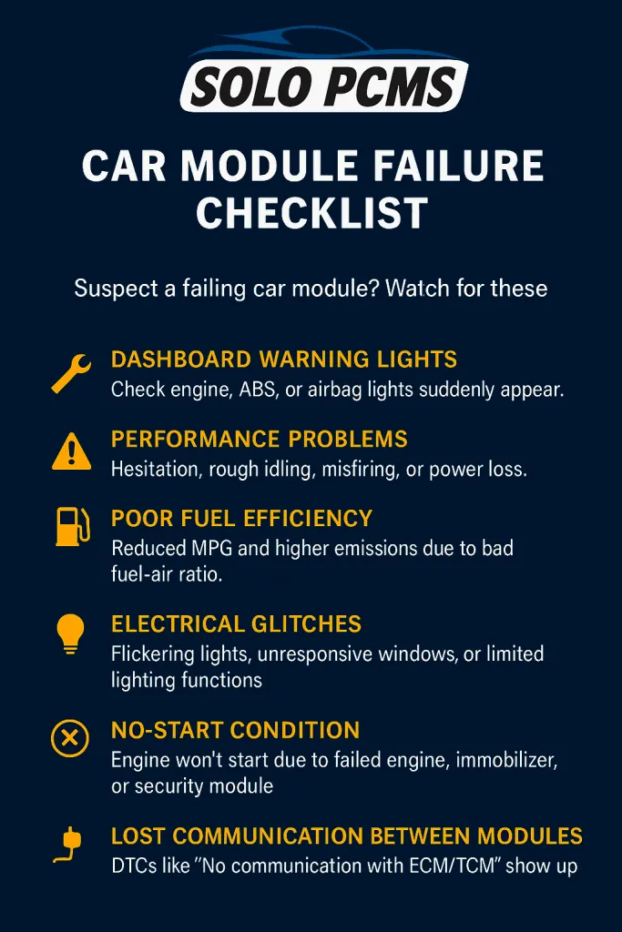 Infographic showing common signs of car module failure
