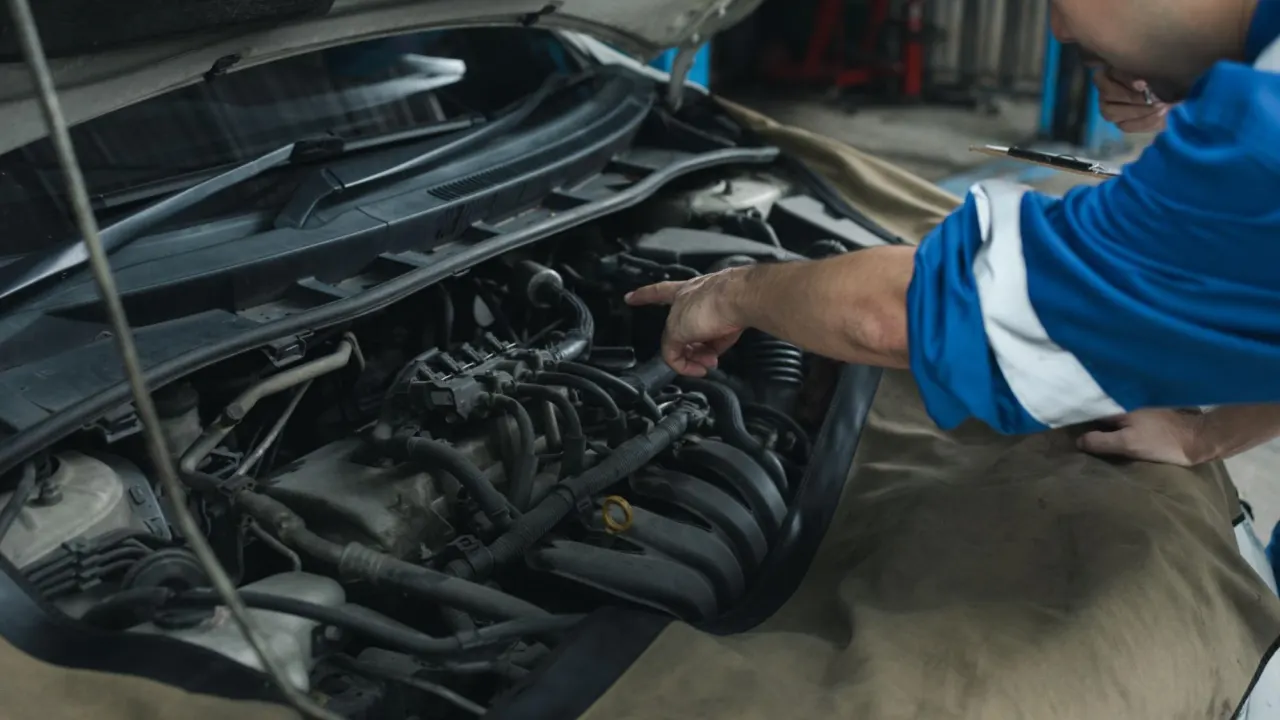 Technician is pointing inside an open car engine bay while inspecting the engine control computer