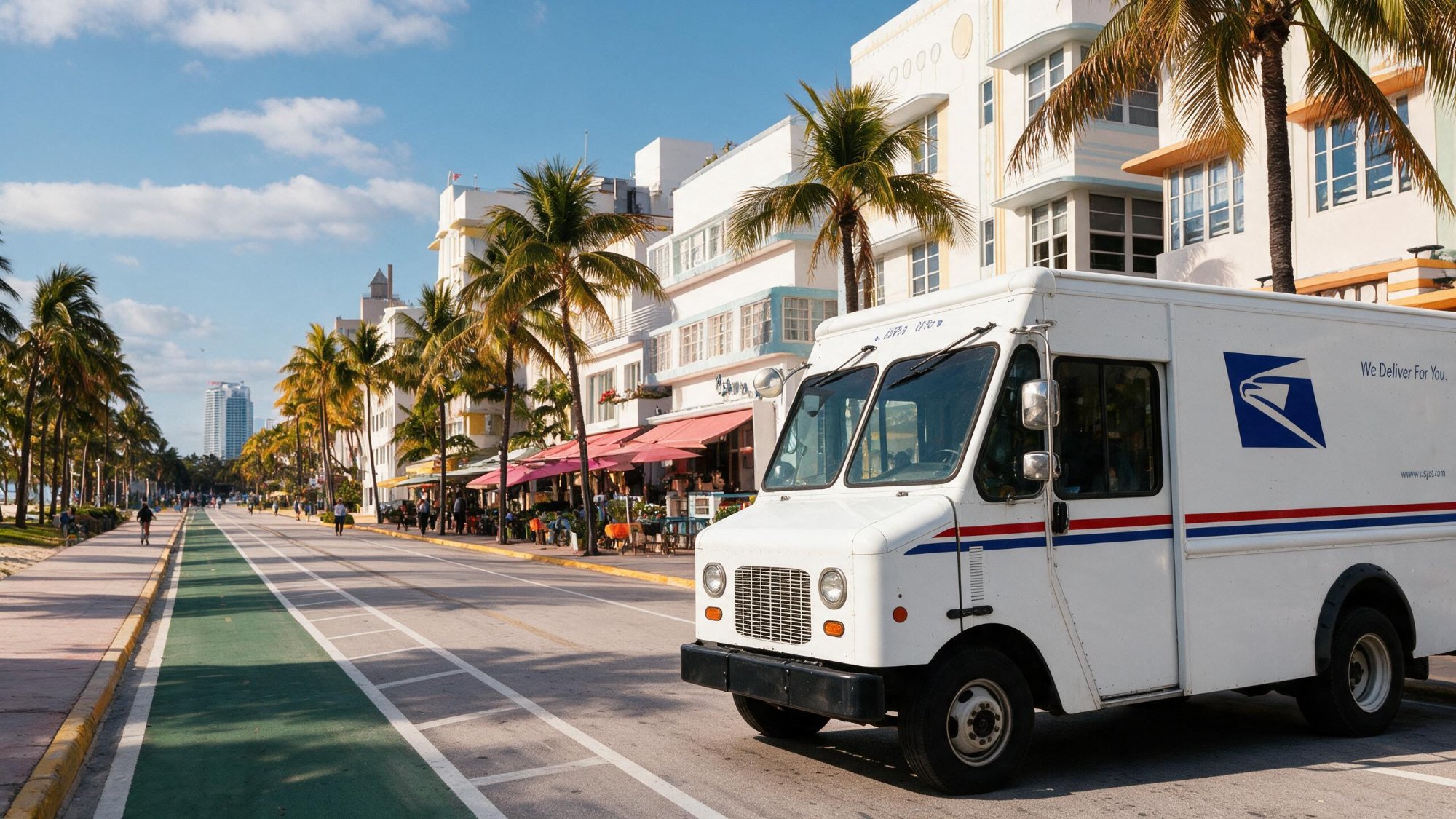 USPS mail truck on route in Miami